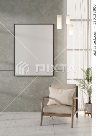 A modern loft living room features the cement wall with a blank picture frame mockup. 120128900