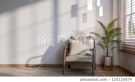 A minimalist Scandinavian room features a wooden armchair with a pillow, a houseplant by the window. 120128974