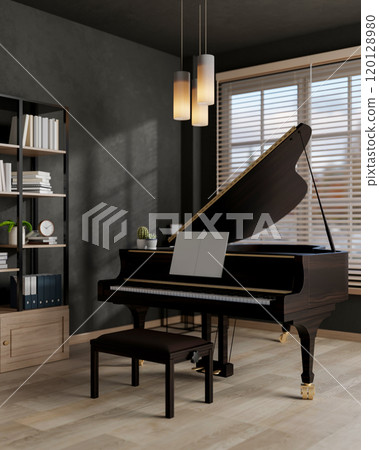 The interior design of a contemporary, elegant black living room features a beautiful grand piano. 120128980