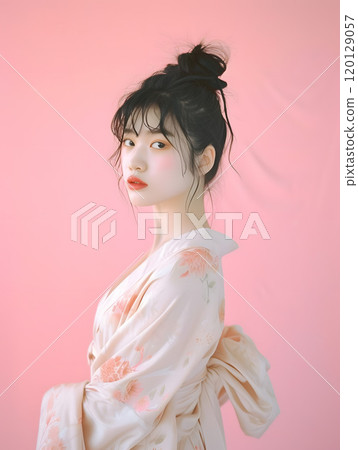 Modernity combined with tradition: Asian woman wearing a kimono 120129057