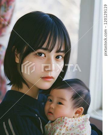 A natural portrait of an Asian baby and mother surrounded by love 120129119