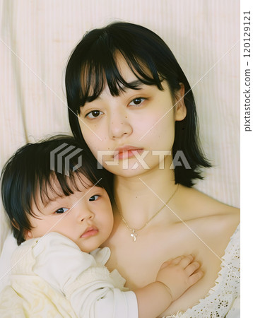 A natural portrait of an Asian baby and mother surrounded by love 120129121