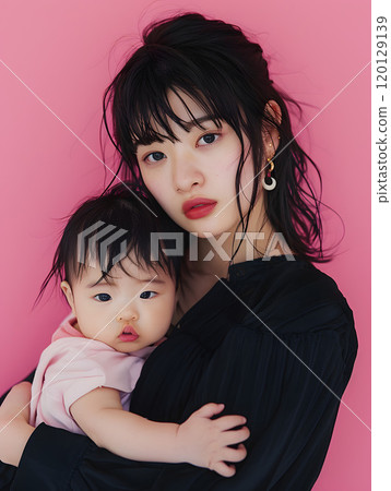 A natural portrait of an Asian baby and mother surrounded by love 120129139