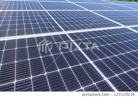 Solar panels lined up under a clear blue sky at a solar power plant Solar panels lined up under a clear blue sky at a solar power plant 120129216