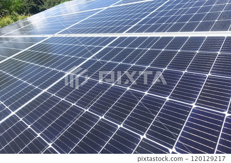Solar panels lined up under a clear blue sky at a solar power plant Solar panels lined up under a clear blue sky at a solar power plant 120129217