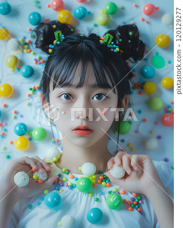 Asian woman with colorful balls 120129277