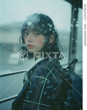 A quiet Asian female student reflecting on the snowy season 120129282