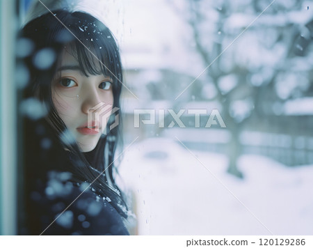 A quiet Asian female student reflecting on the snowy season 120129286