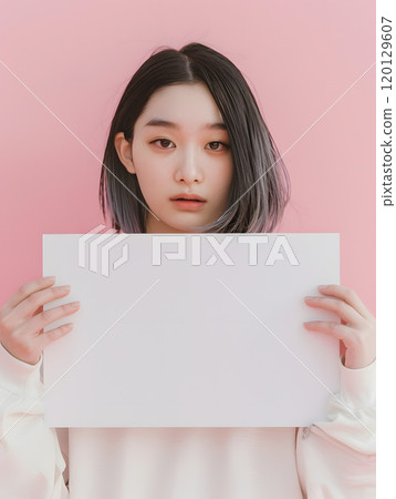 Asian woman holding a whiteboard 120129607