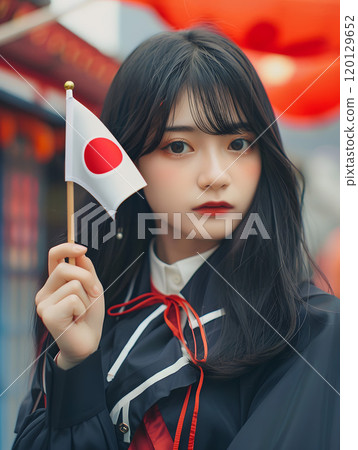 Asian woman holding Japanese flag 120129652
