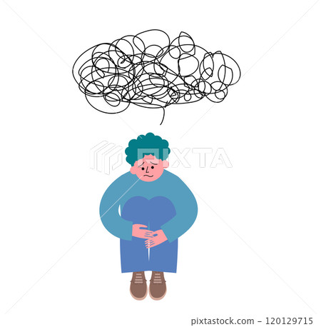 一個沮喪的年輕人抱著膝蓋的插圖 一個沮喪的年輕人抱著膝蓋的插圖 120129715