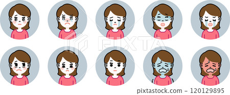 General female facial expression icon set (sad, cold, hot) General female facial expression icon set (sad, cold, hot) 120129895