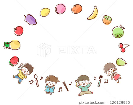 Fruits and children's fun circular frame_hand drawn 120129930