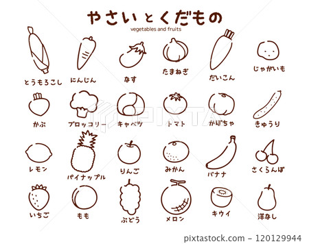 Vegetables and fruits hand-drawn style monochrome icons Vegetables and fruits hand-drawn style monochrome icons 120129944