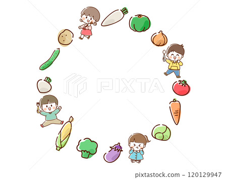 Vegetables and children circular frame_hand drawn Vegetables and children circular frame_hand drawn 120129947