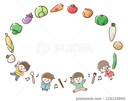 Fun circular frame of vegetables and children_hand drawn 120129949