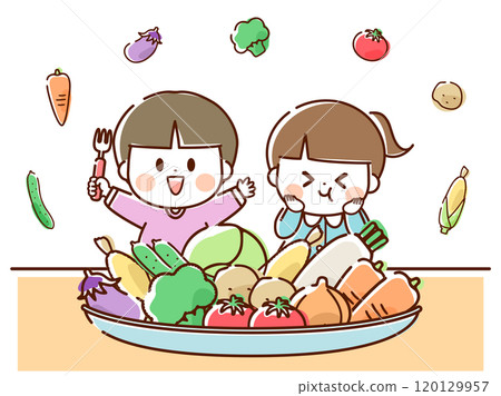 Children happy with vegetable plate_hand-drawn 120129957