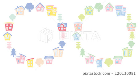 Silhouettes of houses and trees arranged vertically in a circle (baby colors) 120130081