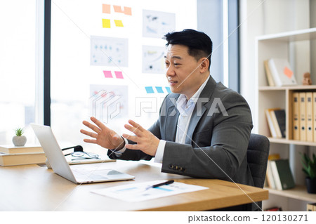 Asian businessman in office during online video call discussion 120130271