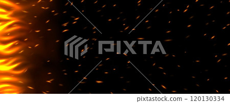 Flame with sparks, fire with flying cinder, abstract glowing embers, heat sparkles. 120130334