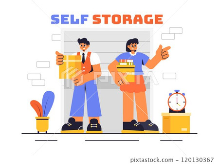 Vector Illustration of a Self Storage Unit with Cardboard Boxes Filled with Unused Items in a Mini Warehouse or Rental Garage with a Background Vector Illustration of a Self Storage Unit with Cardboard Boxes Filled with Unused Items in a Mini Warehouse or Rental Garage with a Background 120130367