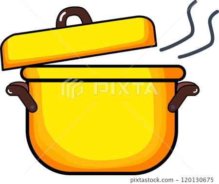 Cartoon illustration of a yellow cooking pot. 120130675