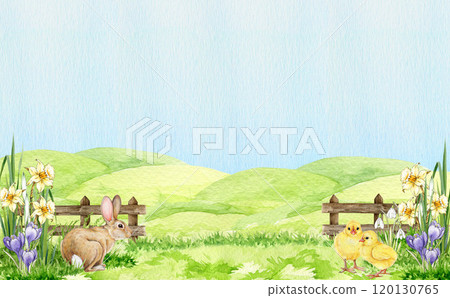 Spring season landscape background. Green grass, blooming flowers, farm animals hand drawn watercolor illustration. Background for Easter decor, seasonal cards, farm and nature countryside designs Spring season landscape background. Green grass, blooming flowers, farm animals hand drawn watercolor illustration. Background for Easter decor, seasonal cards, farm and nature countryside designs 120130765