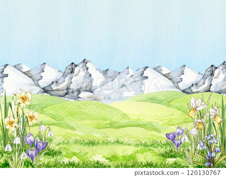 Spring time landscape background. Green grass, blooming flowers , mountain range hand drawn watercolor illustration. Background for Easter decor, seasonal cards and nature countryside designs 120130767