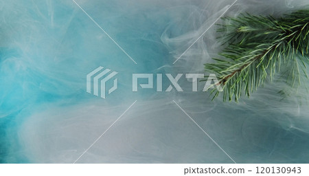 Fir sprig mist. Hazy flow. Rain water droplets green tree needles in blue white color fog refreshing ambient abstract blurry background. Fir sprig mist. Hazy flow. Rain water droplets green tree needles in blue white color fog refreshing ambient abstract blurry background. 120130943
