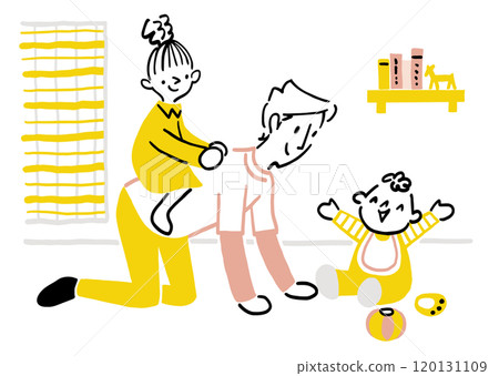 Father playing with children in the living room, horse rider, handsome man, childcare leave 120131109