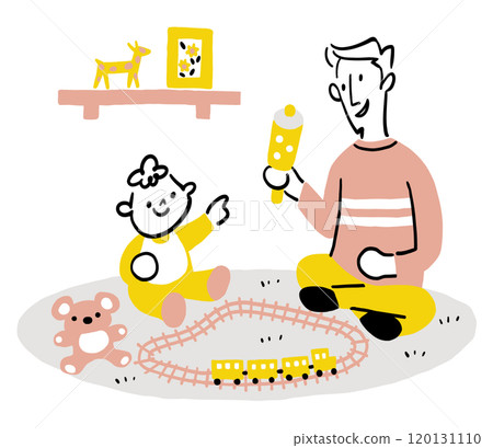 Father playing with baby in the living room, Ikumen, toy train, parental leave 120131110