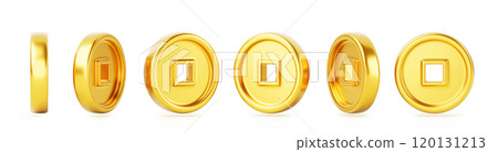 Chinese gold coin 3d in different angles of rotation. Realistic render set of asian money, sequence animation of golden metal cny currency. Traditional symbol of wealth, good luck. 3D illustration 120131213
