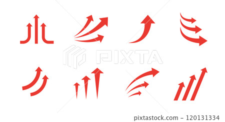 紅色箭頭的向量插圖集。表示上升、跳躍、成長、向上移動和動力方向的影像。 120131334