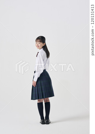 White background, Japanese female junior high school student, smiling 120131413