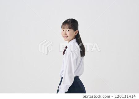 White background, Japanese female junior high school student, smiling 120131414