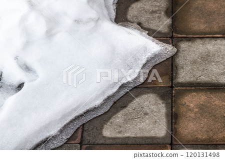 Snow is melting on the footpath Snow is melting on the footpath 120131498