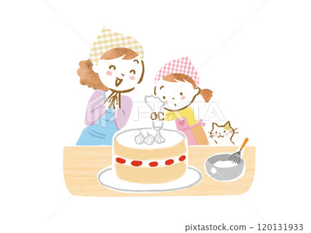 Illustration of a mother and daughter baking a cake Illustration of a mother and daughter baking a cake 120131933