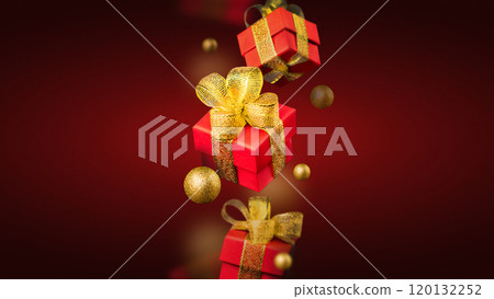 Red gift levitation with golden bows on red background. Gift and holiday concept. Banner poster photo Red gift levitation with golden bows on red background. Gift and holiday concept. Banner poster photo 120132252