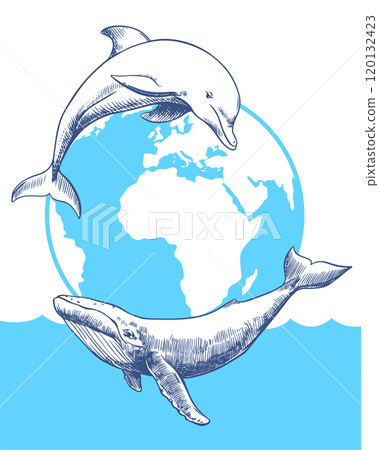 Whale Day or Ocean Day emblem. concept global problem of preserving marine animal diversity. Vector linear drawing of dolphin and humpback whale against the background of planet Earth. Whale Day or Ocean Day emblem. concept global problem of preserving marine animal diversity. Vector linear drawing of dolphin and humpback whale against the background of planet Earth. 120132423