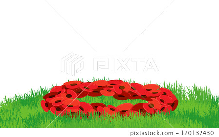 Horizontal banner for Remembrance Day, also known as Poppy Day. Wreath of paper poppies lies on green grass. Traditional symbol of November 11. Vector illustration in flat style. Horizontal banner for Remembrance Day, also known as Poppy Day. Wreath of paper poppies lies on green grass. Traditional symbol of November 11. Vector illustration in flat style. 120132430