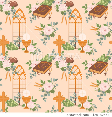 Vector background with attributes of the first communion. Golden wine cup, bread, Bible, rosary, white roses and crucifix. Seamless pattern with Christian symbols. Clipart for holiday invitations. 120132432