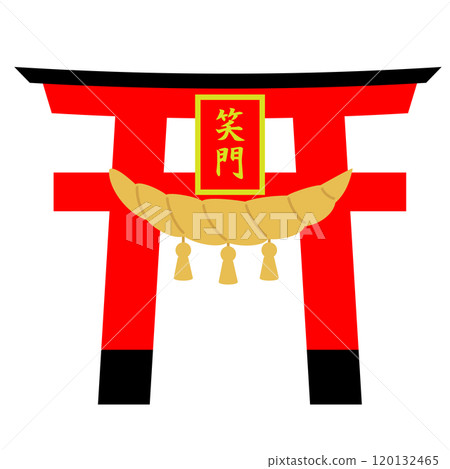 A red torii gate decorated with sacred rope 120132465