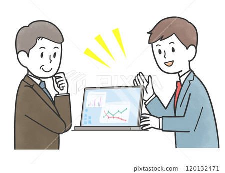 A man in a suit explaining something on a computer 120132471