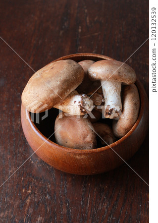 Shiitake mushrooms in a wooden container Shiitake mushrooms in a wooden container 120132539