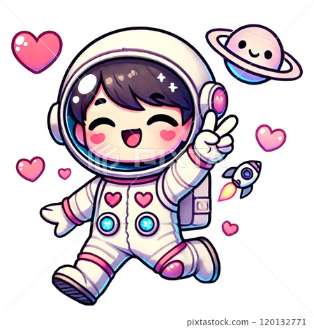 Cute astronaut character surrounded by hearts and planets, expressing joy and adventure. 120132771