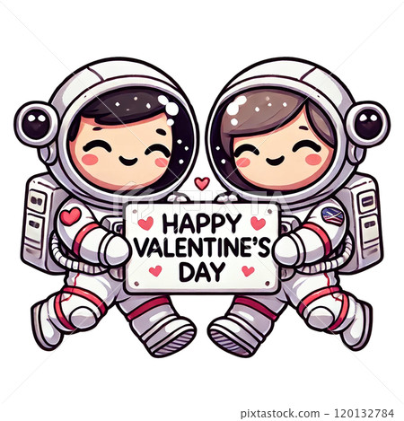 Cute cartoon astronauts celebrating Valentine's Day with a heartwarming sign. 120132784
