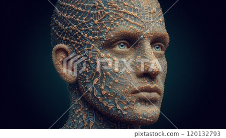 A mesmerizing portrait composed entirely of DNA strands and genetic symbols. 120132793