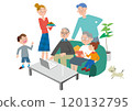 Illustration of two families gathering in the living room 120132795