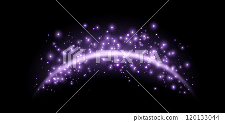 Purple magic arch with glowing particles, sunlight lens flare. Neon realistic energy flare arch. Abstract light effect on a black background. Vector illustration. 120133044