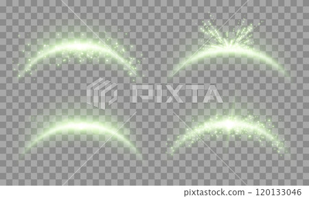 Green magic arches set with glowing particles, silver sunlight lens flare. Neon realistic energy flare arch. Abstract light effect on a transparent background. Vector illustration. Green magic arches set with glowing particles, silver sunlight lens flare. Neon realistic energy flare arch. Abstract light effect on a transparent background. Vector illustration. 120133046
